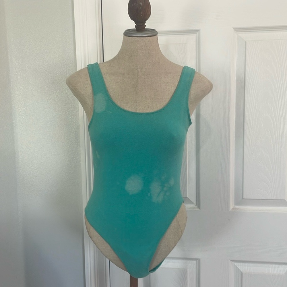 Vintage 80s danskin leotard sleeveless high cut green cotton womens size large L